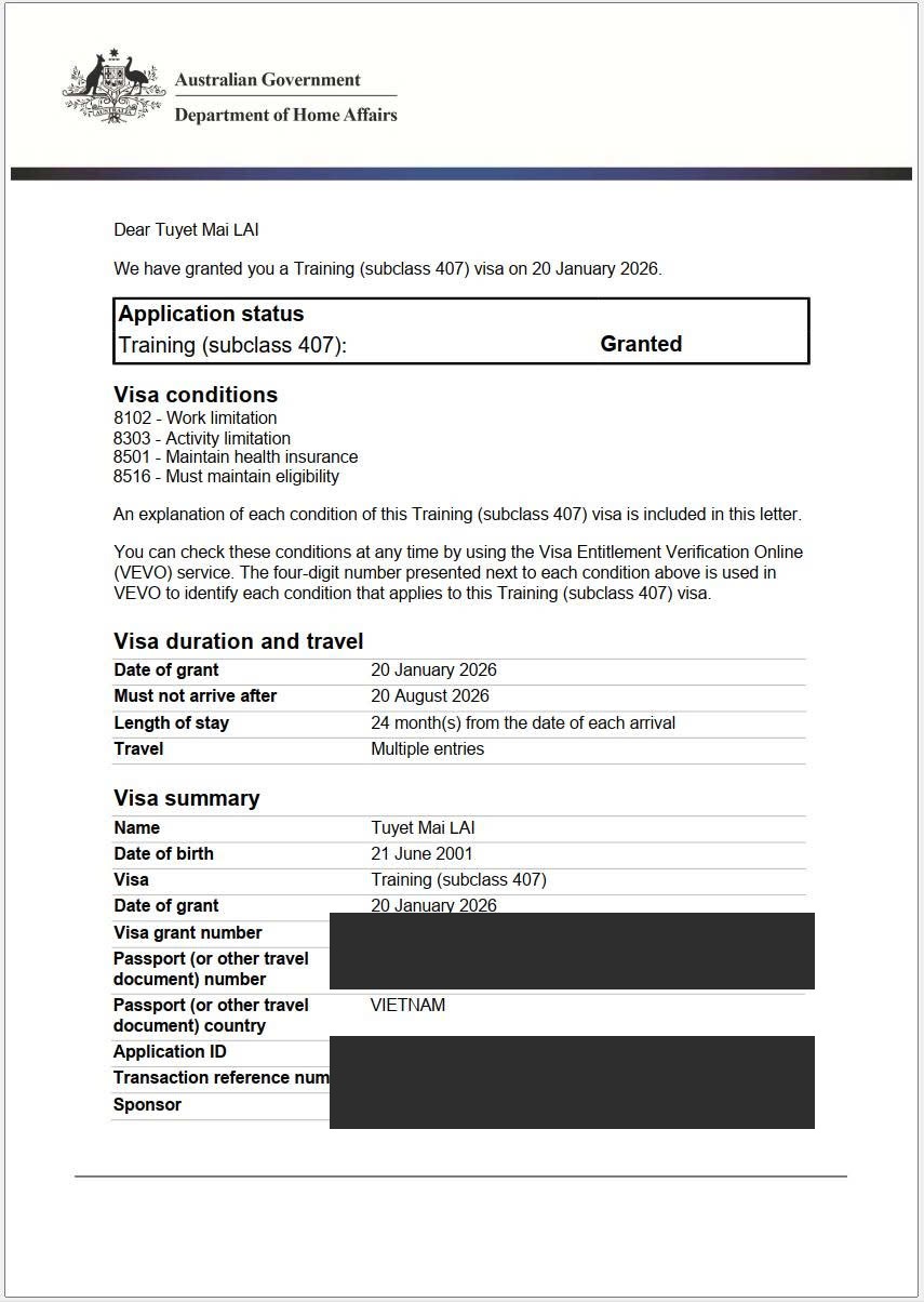 Visa 407 Úc đã duyệt