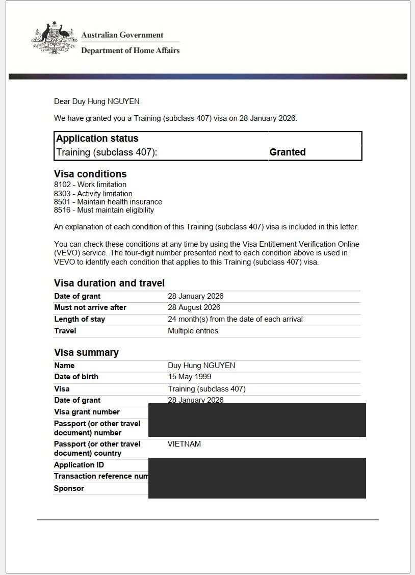Visa 407 Úc đã duyệt
