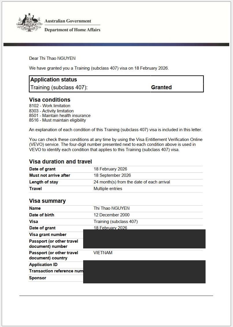 Visa 407 Úc đã duyệt